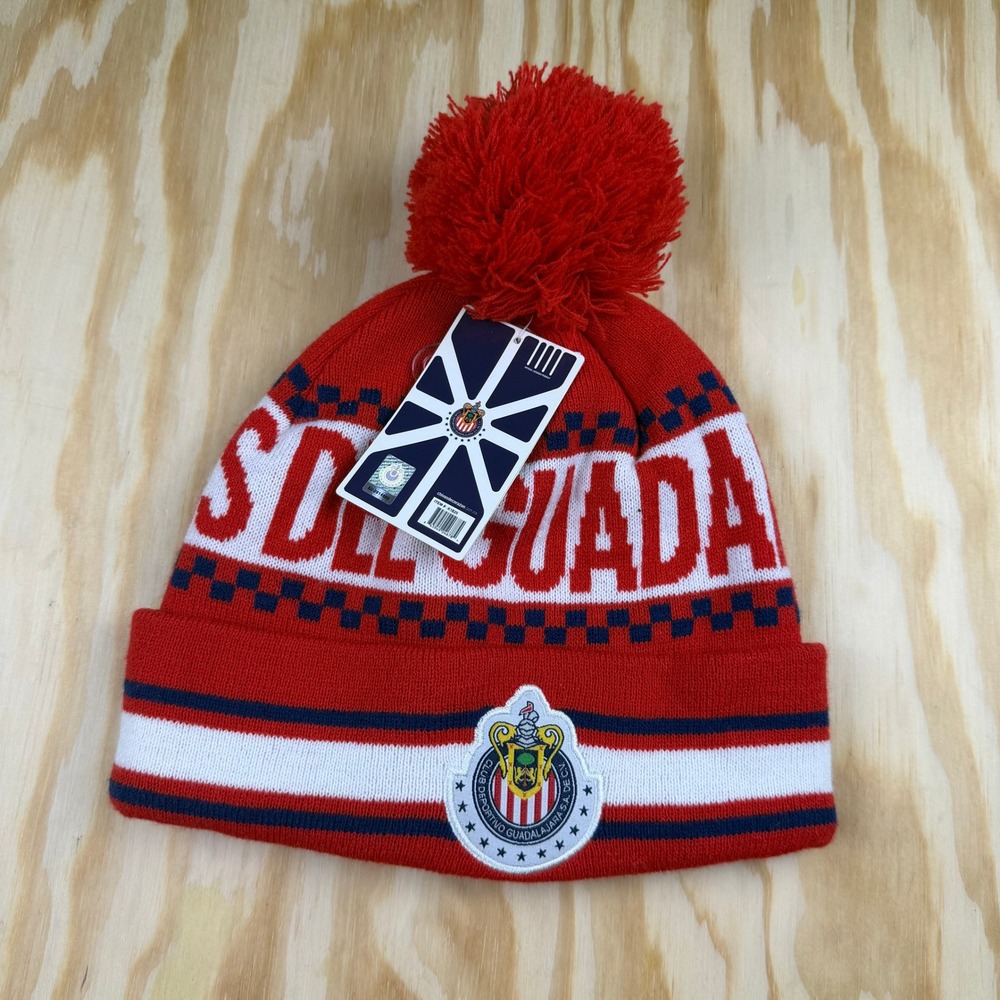 Chivas de Guadalajara Soccer Beanie Hat Red White Blue Pom Knit Cap NWT